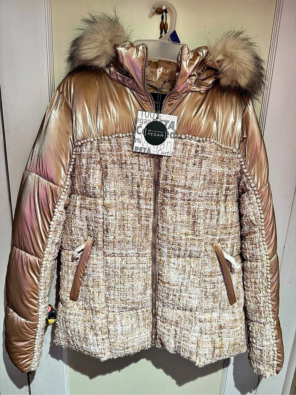 Coalition DCJ3016 Tweed Puffer Jacket in Pink & Gold XL NWT